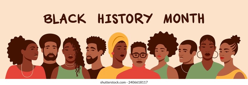 A group portrait of black people. African American men and women. Black History Month. Cartoon, flat, vector illustration