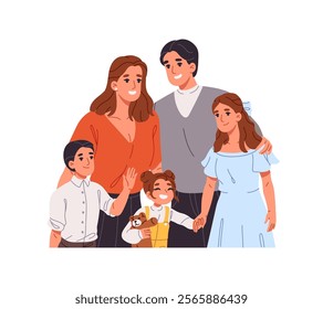 Group portrait of cute big family with kids. Parents, teen and toddlers smile, cuddle. Happy mother and father with their children together. Flat isolated vector illustration on white background