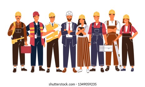 Group Portrait Of Cute Happy Industry Or Construction Workers, Engineers Standing Together. Team Of Smiling Male And Female Employees Wearing Hard Hats And Uniform. Flat Cartoon Vector Illustration.