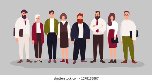 Group portrait of cute happy office workers, managers or clerks standing together. Team of smiling male and female employees or colleagues. Colorful vector illustration in flat cartoon style.