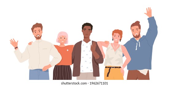 Group portrait of diverse happy young people standing together and hugging. Team of multiracial friends. Diversity and friendship concept. Colored flat vector illustration isolated on white background