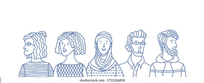 Group portrait of diverse people. Smiling men and women standing together. Web banner with happy students or work team. Outline cartoon vector multi-ethnic poster. Caucasian, African, Muslim