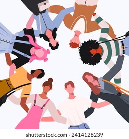 Group portrait of diverse women and men standing together in a circle hugging showing unity and support. Friendship hugs. Teamwork, togetherness,  understanding,  collaboration, friendship concept. 