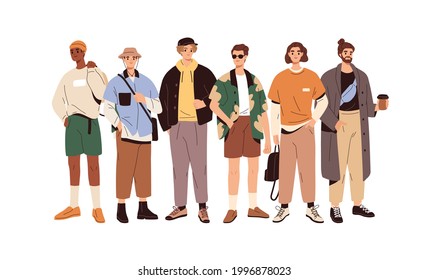 Group portrait of fashion men in modern trendy outfits. Young people wearing stylish casual summer clothes. Colored flat graphic vector illustration of fashionable man isolated on white background