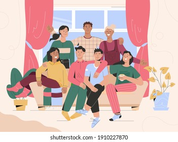 Group portrait of friends meeting at home. Men and women sitting on couch, smiling, hugging each other and spending time together. Vector character illustration of relationships, friendship concept