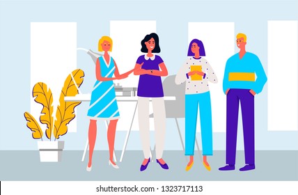 Group portrait of funny smiling office workers or clerks standing together. Team of cute cheerful male and female employees or colleagues. Colorful vector illustration in flat cartoon style.