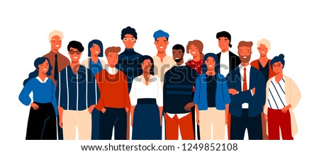 Group portrait of funny smiling office workers or clerks standing together. Team of cute cheerful male and female employees or colleagues. Colorful vector illustration in flat cartoon style.