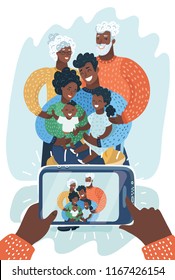 Group portrait of happy african american multi generation family. Black family taking selfie with smartphone. They take a photo on phone. Vector cartoon illustration in modern concept