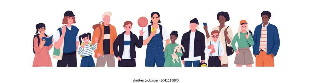 Group portrait of junior and senior students and pupils. Diverse school children of different age and race. Happy schoolchildren, girls and boys. Flat vector illustration isolated on white background