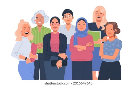 Group portrait of lovely women standing together. Female business team. Vector illustration in flat style
