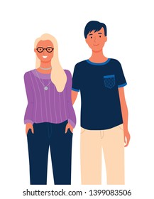 Group portrait of male and female character isolated full length people. Vector happy smiling couple or friends on photo. Young mother and father