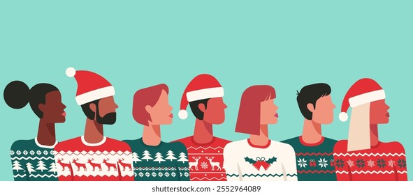 Group portrait of men and women in festive Christmas sweater with creative winter pattern and santa hat, celebrating the holiday season together, Vector Flat Illustration Design