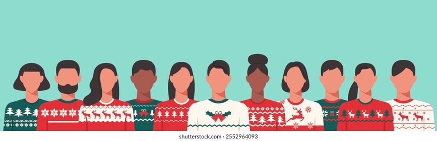 Group portrait of men and women in festive Christmas sweater with creative winter pattern, celebrating the holiday season together, Flat Vector Illustration Design