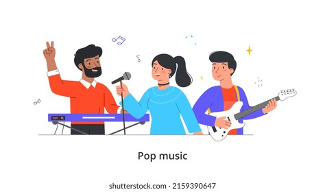 Group portrait of music band. Musicians and singer with microphone, guitar and synthesizer. Men and women perform in pop style. Instruments and vocals. Cartoon flat vector illustration in doodle style