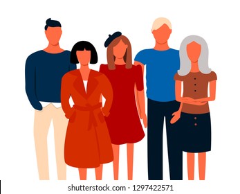 Group portrait of office workers, family, friends, models or clerks standing together. Team of cute cheerful male and female employees or colleagues. Colorful vector illustration in flat cartoon style