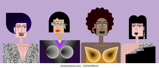 Group portrait of queer persons with bright makeup and in evening attires. Dresses with silver glitter effect. Vector cartoon characters of Drag Queens. Fashion concept.