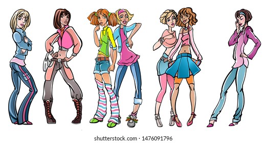 Group portrait of seven teenage girls, school or college friends, standing together, communicating, smiling. Happy pupils or students. Casual fashion style design. Set of vector illustrations.