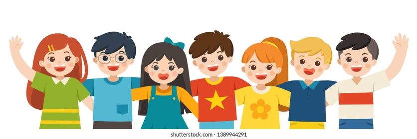 Group portrait of smiling boys and girls. Happy student standing together and waving hands. Isolated on white background.