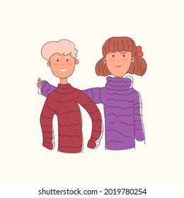Group portrait of smiling brother and sister embracing together. Flat cartoon vector illustration of happy children wearing parent's sweaters.