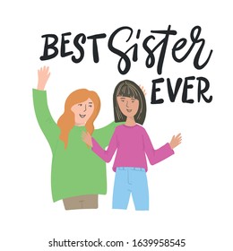 Group portrait of smiling girls standing together, embracing each other, waving hands. Best sister ever. Flat cartoon vector illustration