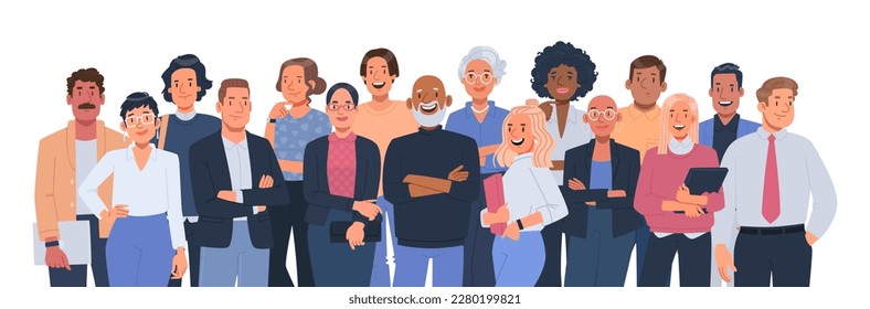 Group portrait of smiling office workers. Multicultural business team, colleagues. Happy men and women stand together on a white background. Vector illustration in flat style