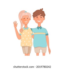 Group portrait of smiling school mates boy and girl embracing together. Flat cartoon vector illustration of happy students on a sports lesson.