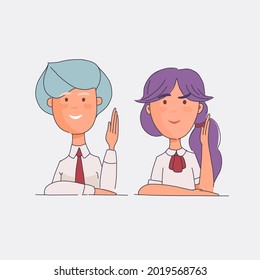 Group portrait of smiling schoolmates boy and girl students raising their hands in the classroom. Flat cartoon vector illustration of happy students sitting at a desk.