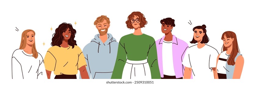 Retrato de grupo, equipo sonriente de pie junto. Jóvenes felices, Anuncio comunitario positivo con personajes alegres, amigos en unidad. Ilustración vectorial plana aislada sobre fondo blanco