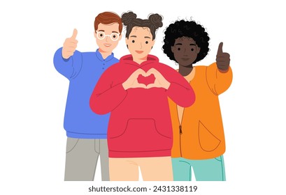 Group portrait of smiling teenage boy and girls. School friends standing together, embracing each other. International human solidarity day. Happy students isolated on white. Vector illustration
