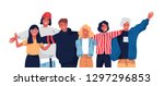 Group portrait of smiling teenage boys and girls or school friends standing together, embracing each other, waving hands. Happy students isolated on white background. Flat cartoon vector illustration.
