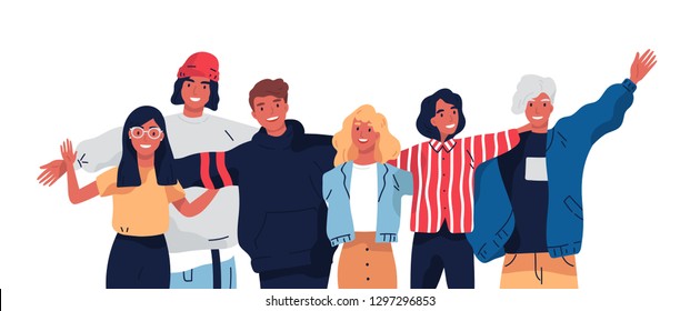 Group portrait of smiling teenage boys and girls or school friends standing together, embracing each other, waving hands. Happy students isolated on white background. Flat cartoon vector illustration. - Shutterstock ID 1297296853