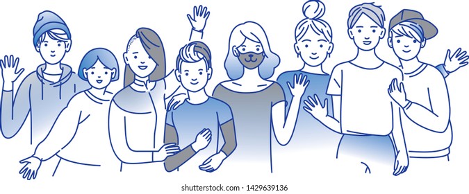 Group portrait of smiling teenage boys and girls standing together, embracing each other, waving hands. Happy students isolated on white background. Flat line art vector illustration.