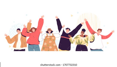 Group portrait of smiling teenage boys and girls or school friends standing together, waving hands. Happy students isolated on white background. Vector illustration.