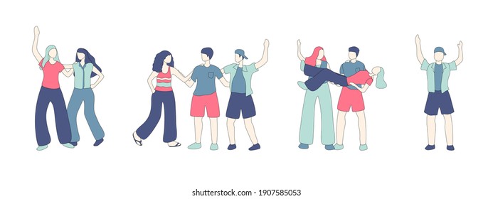 Group portrait of smiling teenage boys and girls or school friends standing together, embracing each other, waving hands. Happy students isolated on white background. Flat cartoon vector illustration.