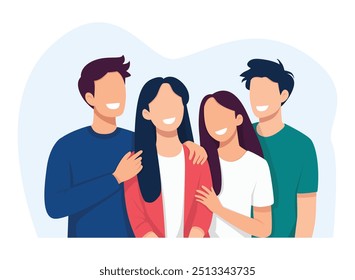 Retrato de grupo de meninos e meninas adolescentes sorridentes ou amigos de escola de pé juntos, abraçando um ao outro. Homens e mulheres felizes se divertem fazer gestos diversos.