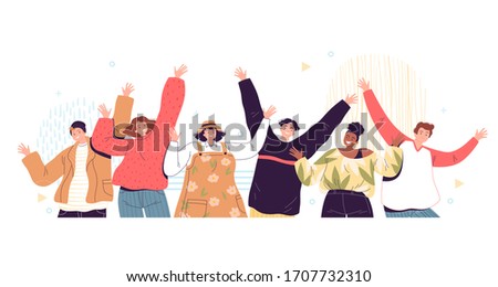 Group portrait of smiling teenage boys and girls or school friends standing together, waving hands. Happy students isolated on white background. Vector illustration.