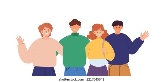 Retrato grupal de jóvenes y muchachos sonrientes o amigos de la escuela parados juntos, abrazándose entre ellos, saludando con las manos. Estudiantes felices aislados con antecedentes blancos. Ilustración vectorial de dibujos animados planos.