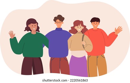 Group portrait of smiling teenage girls and boys or school friends standing together, embracing each other, waving hands. Happy students isolated on white background. Flat cartoon vector illustration.