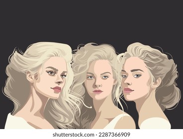 Group portrait of a three beautiful blonde girls with various ed hairstyles. Vector illustration isolated on a black background