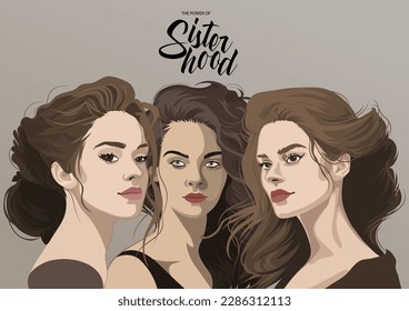 Retrato grupal de tres hermosas morenas con varios peinados. Ilustración vectorial aislada en fondo beige