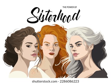 Group portrait of a three beautiful girls with various hair color and style. Vector illustration isolated on white background