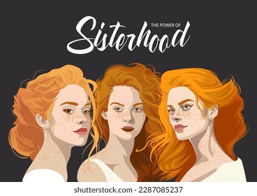 Group portrait of a three beautiful girls with freckles and various red hairstyles. Vector illustration isolated on a black background