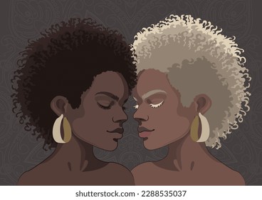 Group portrait of a two beautiful african girls with brunette and blonde curly hair. Vector illustration isolated on brawn background