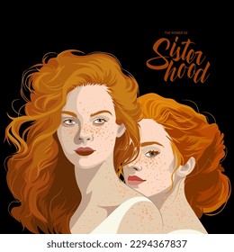 Group portrait of a two beautiful girls with freckles and red curly hair. Vector illustration isolated on a black background