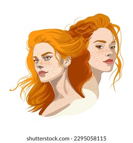 Group portrait of a two beautiful girls with freckles and red curly hair. Vector illustration isolated on white background