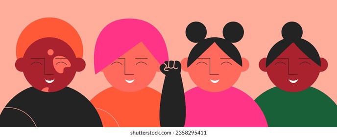 Group portrait of various children symbolizing an inclusive community. Social diversity, support, children equality concept. Flat vector illustration.