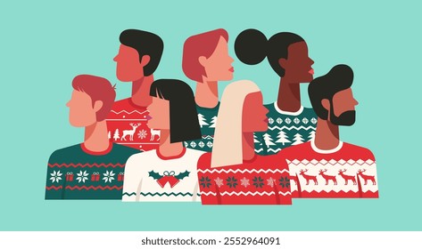 Group portrait of women and men in festive Christmas sweater with creative winter pattern, celebrating the holiday season together, Flat Vector Illustration Design