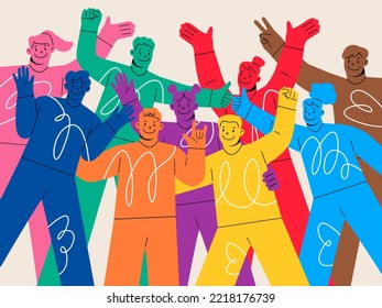 Group portrait. Youth community, team smiling, rejoicing, having fun and joy. Excited people with positive energy. Colorful vector illustration
