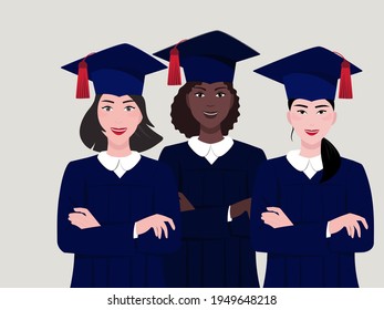 Group portraits young female students different races and nationalities.  Vector illustration happy  schoolchild, woman in cap and dress with university. The concept celebrating graduation ceremony.