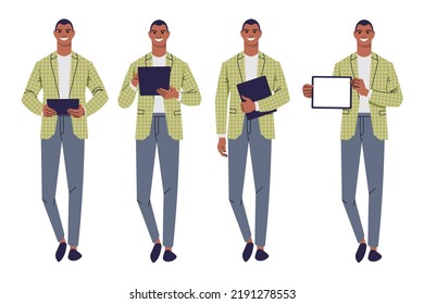 Grupo de poses de un hombre de negocios con una tableta. Usar, mantener en la mano, introducir texto, mostrar pantalla en blanco. Joven negro, oficinista, líder, gerente con gadget. Estilo plano, vector aislado en blanco.